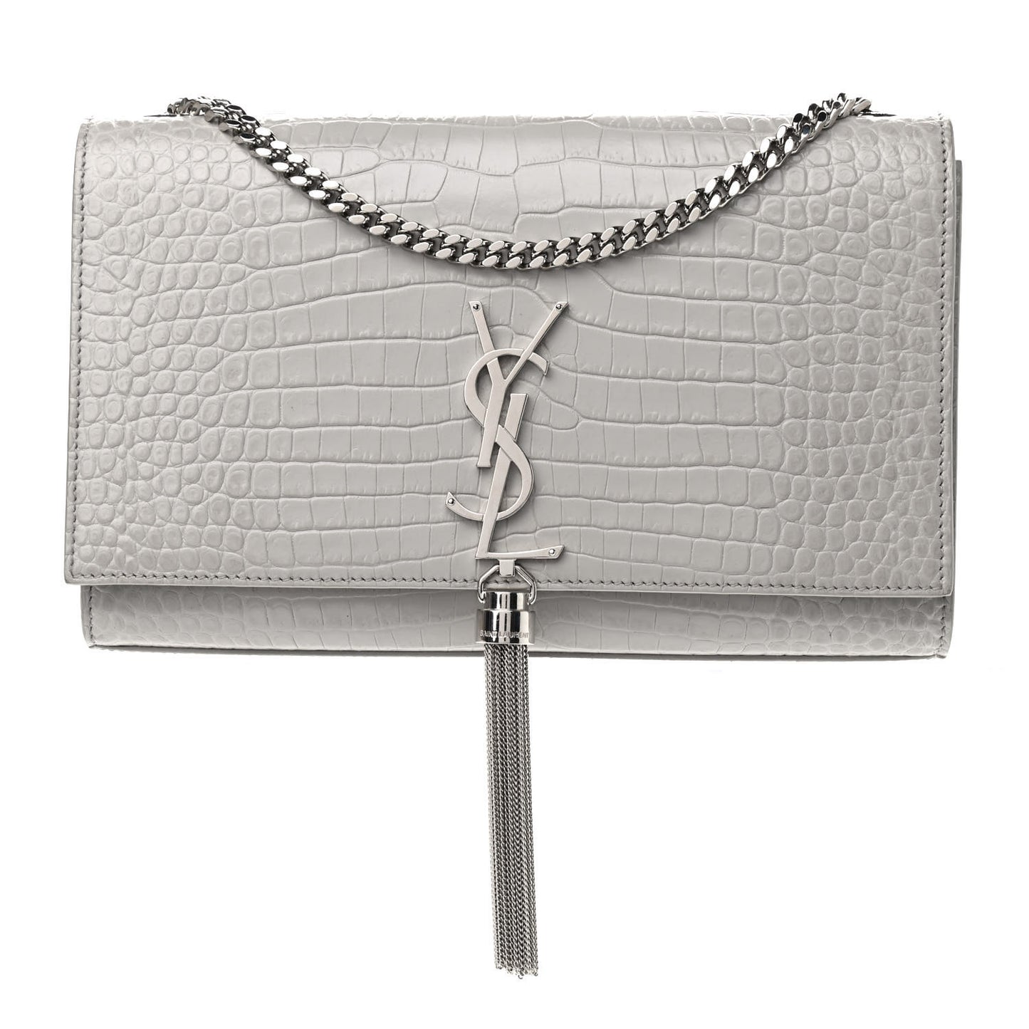 Calfskin Crocodile Embossed Medium Classic Monogram Kate Tassel Satchel Mouse Grey