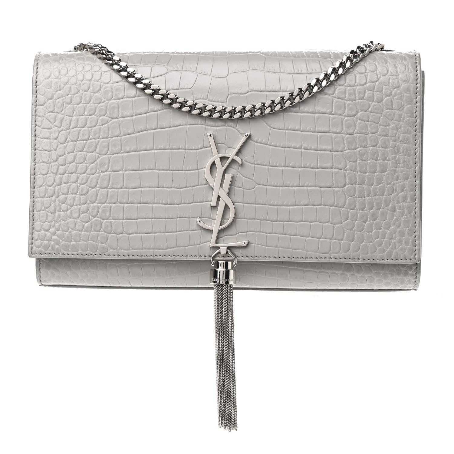 Saint Laurent Calfskin Crocodile Embossed Medium Classic Monogram Kate Tassel Satchel Mouse Grey 1 of 7