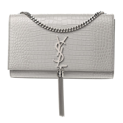 Saint Laurent Calfskin Crocodile Embossed Medium Classic Monogram Kate Tassel Satchel Mouse Grey 1 of 7