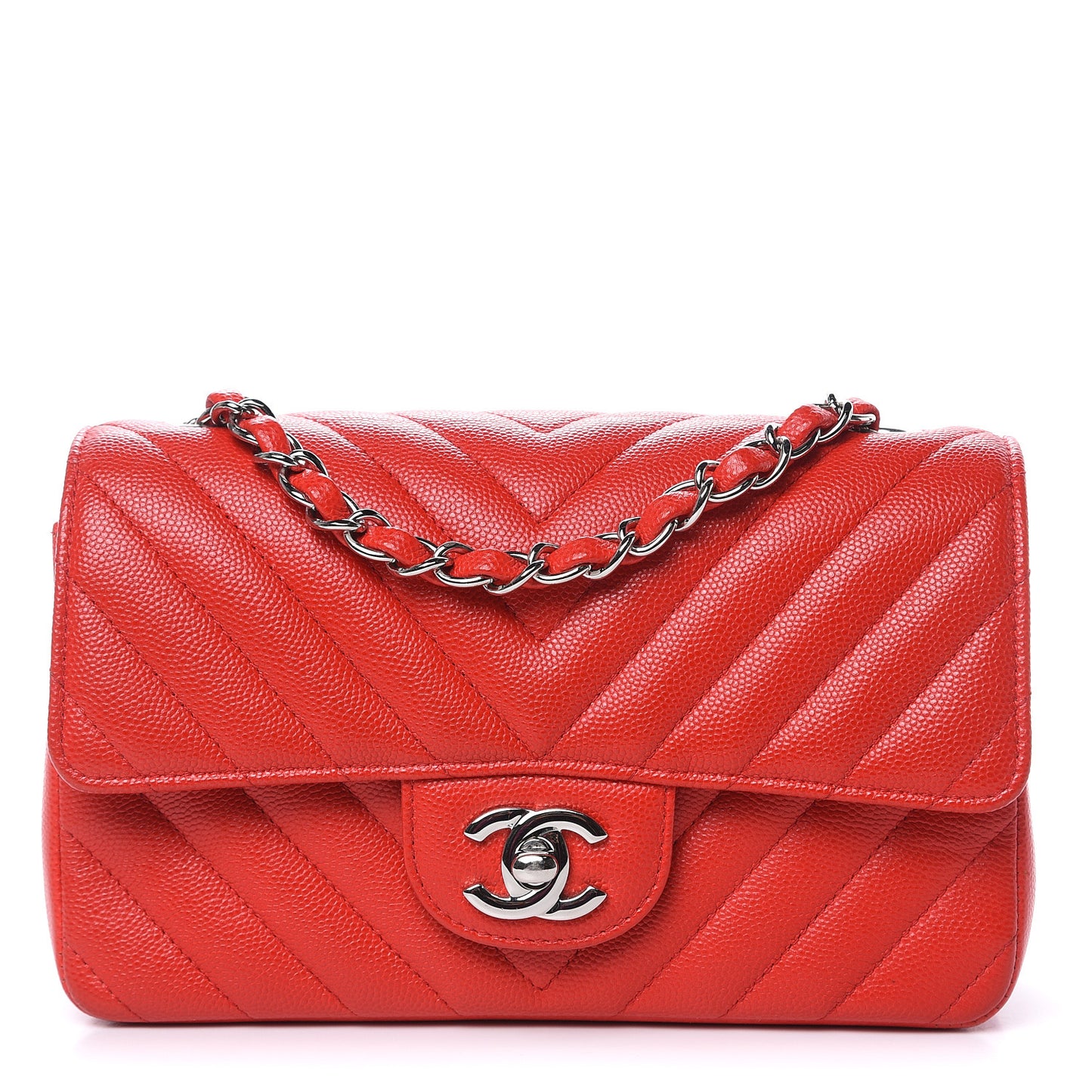 Caviar Chevron Quilted Mini Rectangular Flap Red