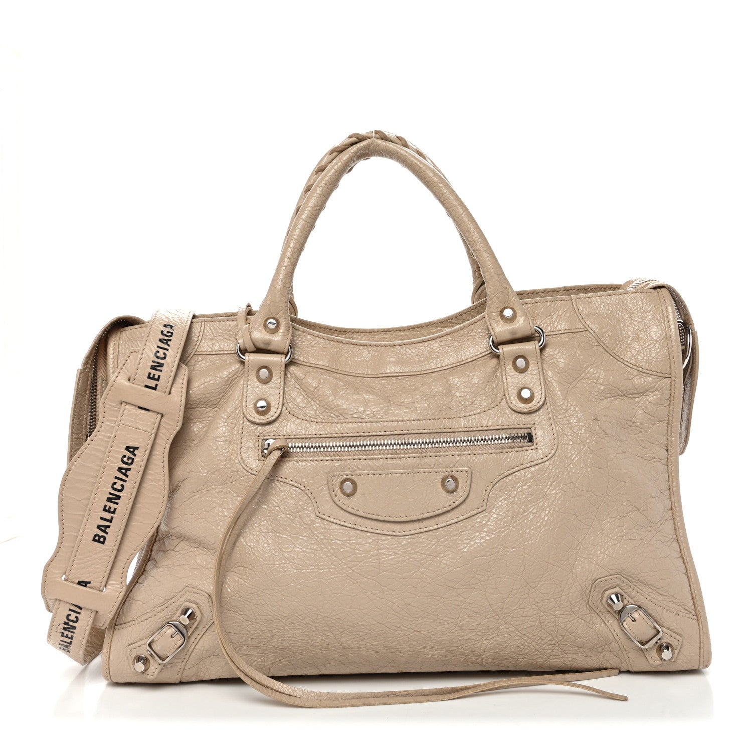 Balenciaga Agneau Classic Silver Hardware City Logo Strap Light Beige Black 1 of 12