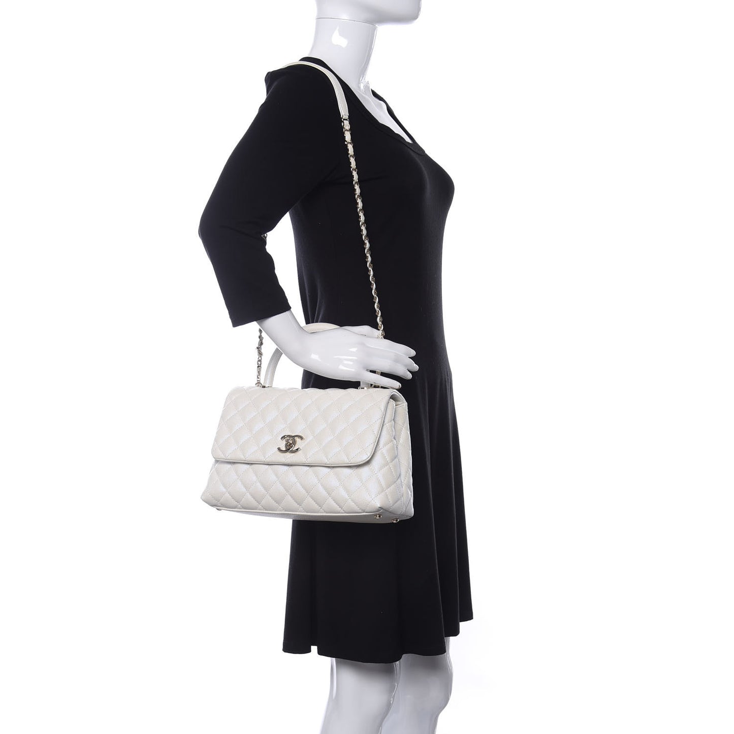 Iridescent Caviar Quilted Small Coco Handle Flap White
