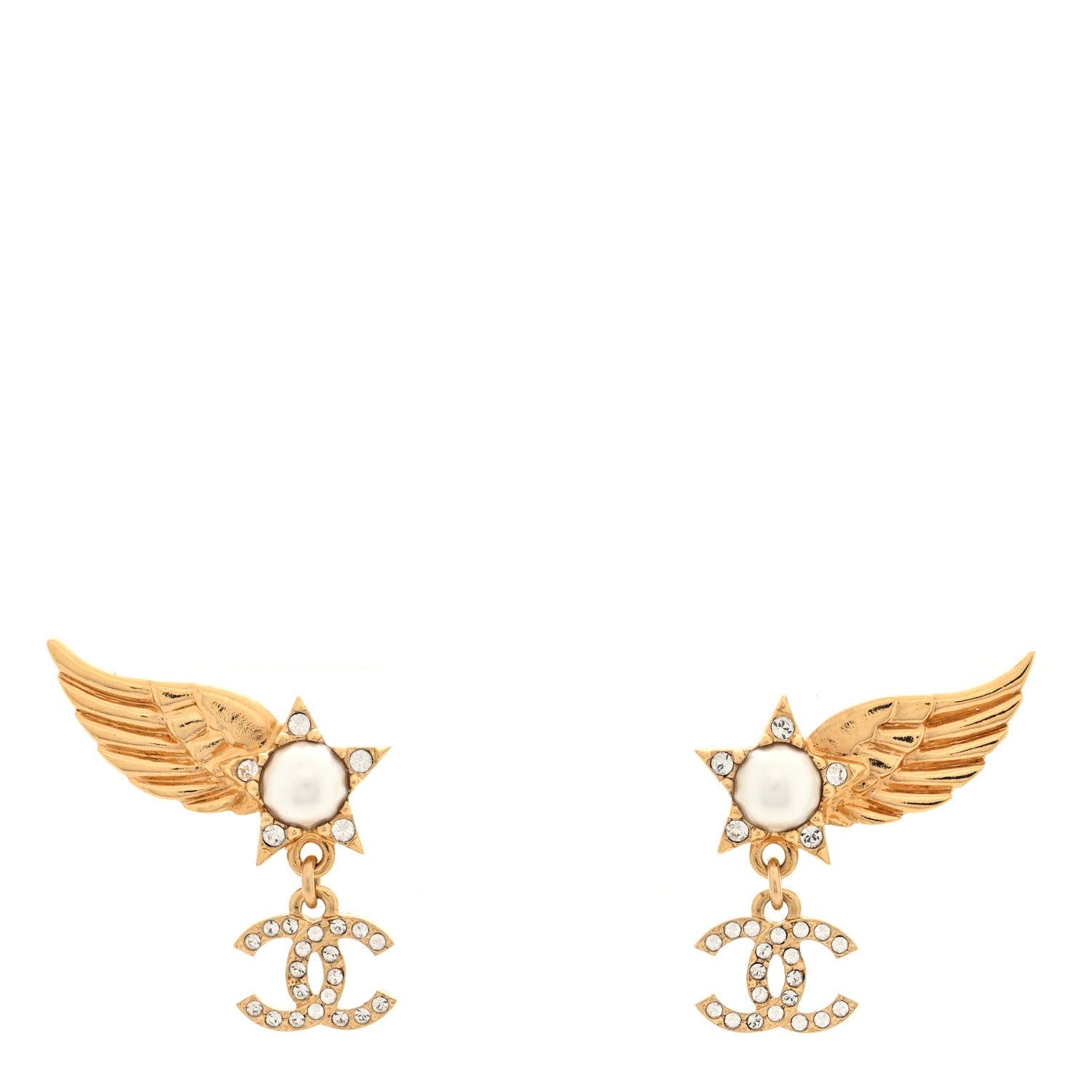 Chanel Crystal Pearl CC Wing Star Earrings Gold 1 of 4
