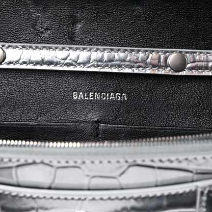 Balenciaga Metallic Calfskin Crocodile Embossed Hourglass Chain Bag Silver 6 of 12