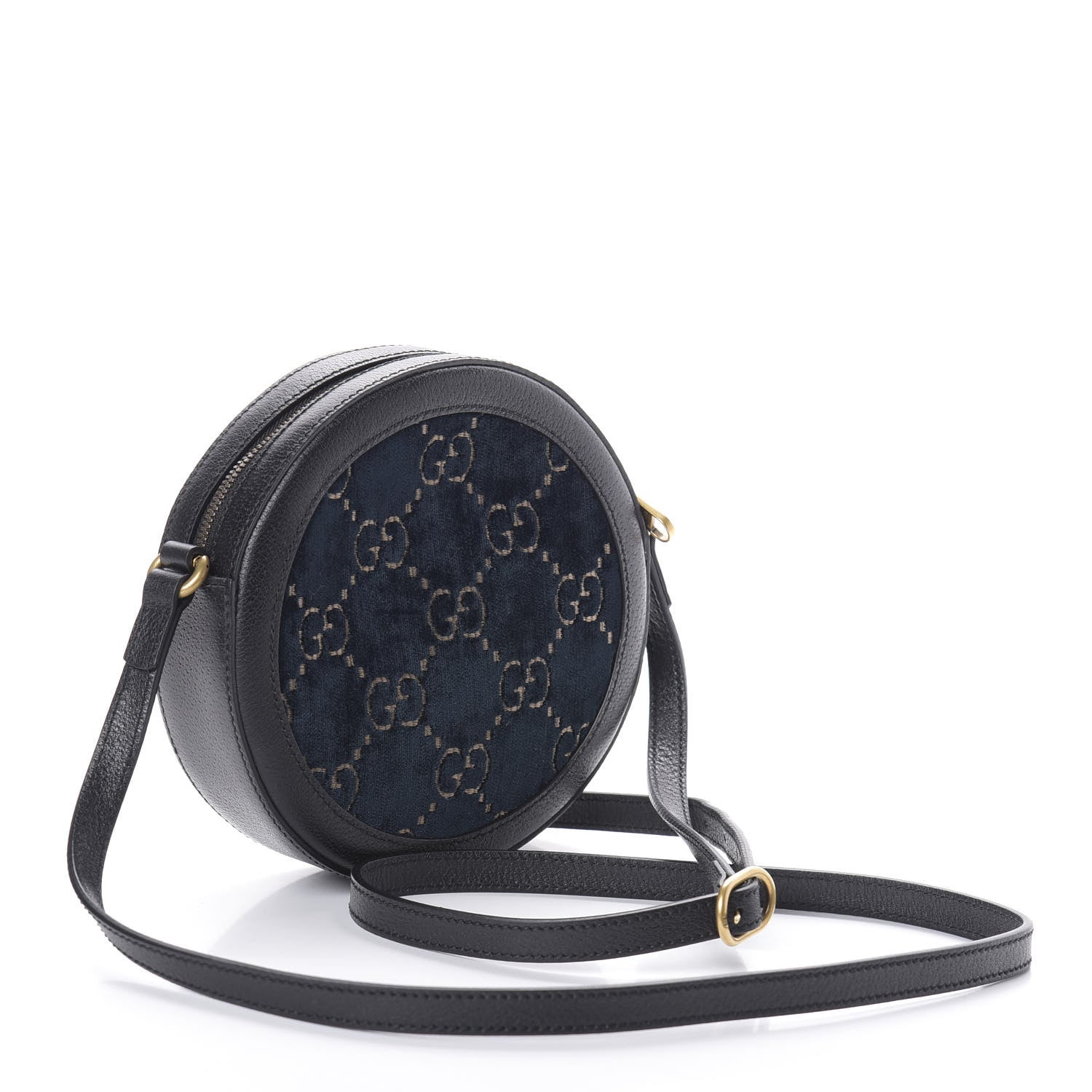 Gucci Velvet Calfskin GG Monogram Round Shoulder Bag Blue Beige 3 of 9