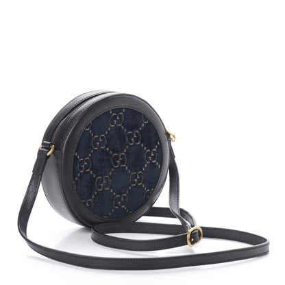 Gucci Velvet Calfskin GG Monogram Round Shoulder Bag Blue Beige 3 of 9