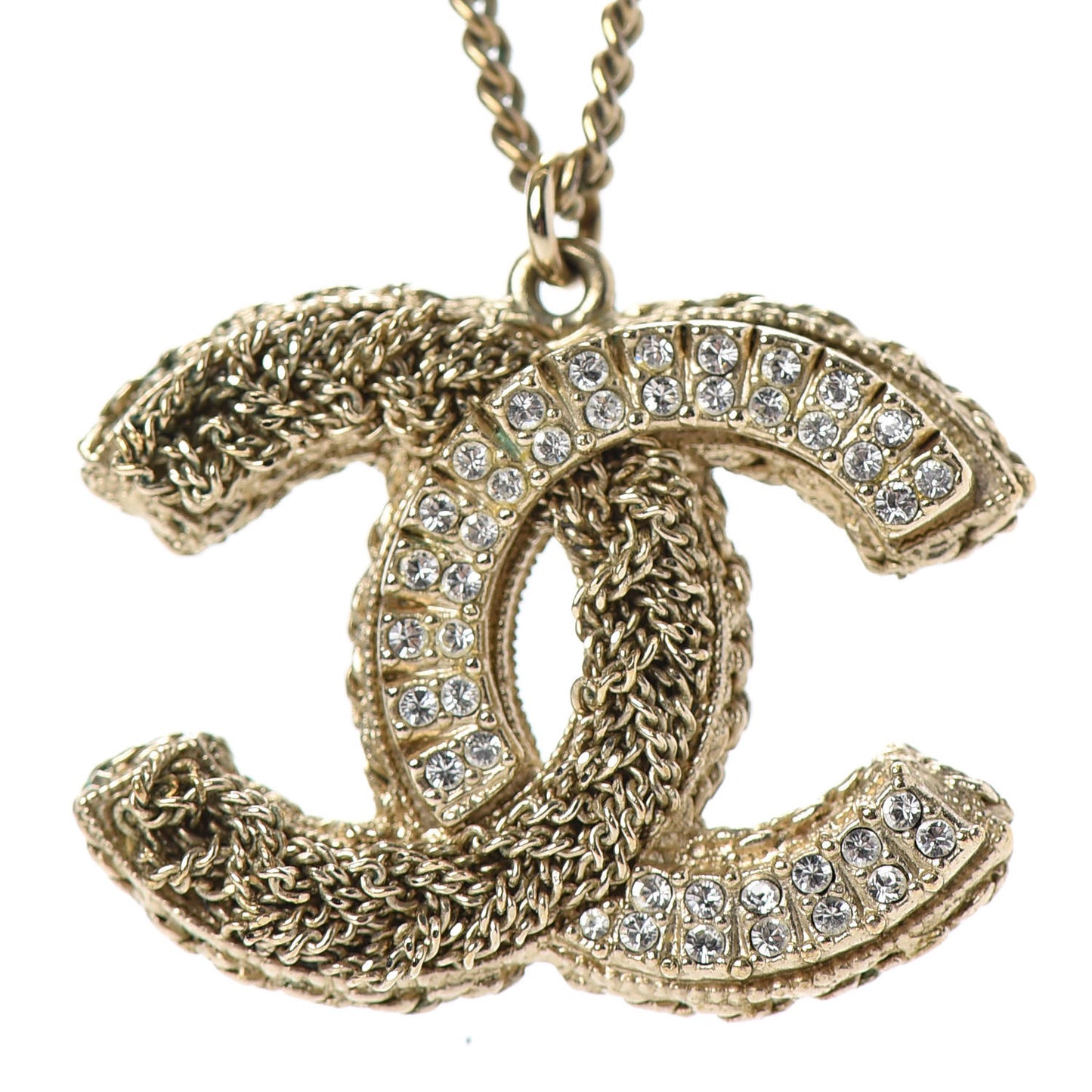 Crystal Chain CC Pendant Necklace Gold