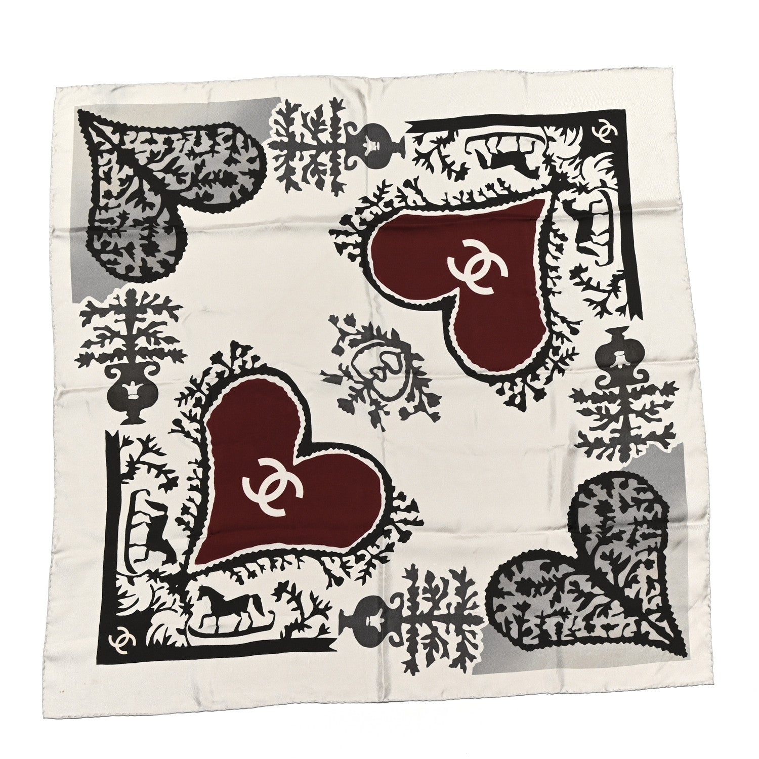 Chanel Silk CC Heart Square Scarf Grey Red 1 of 3