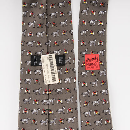 Hermes Printed Silk Mens Neck Tie Kaki Gris Fonce Rouge 3 of 4