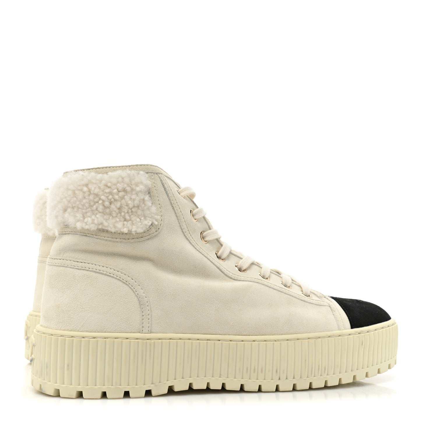Kid Suede Shearling Sheepskin Lace Up Boots 39.5 Ivory White Black
