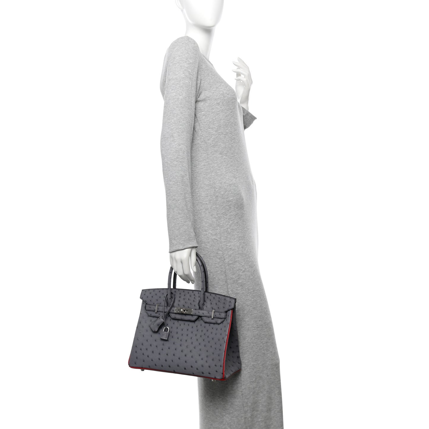 Ostrich Horseshoe Birkin 30 Gris Agate Rouge Vif
