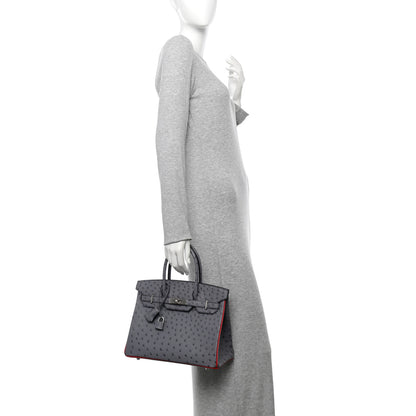 Hermes Ostrich Horseshoe Birkin 30 Gris Agate Rouge Vif 2 of 13