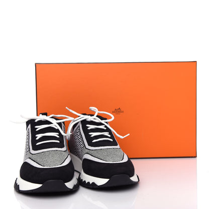 Hermes Knit Calfskin Suede Goatskin Bi-Color Womens Addict Sneakers 38 Black White 11 of 11