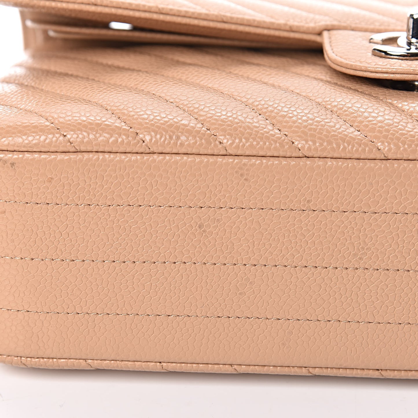 Caviar Chevron Quilted Medium Double Flap Beige