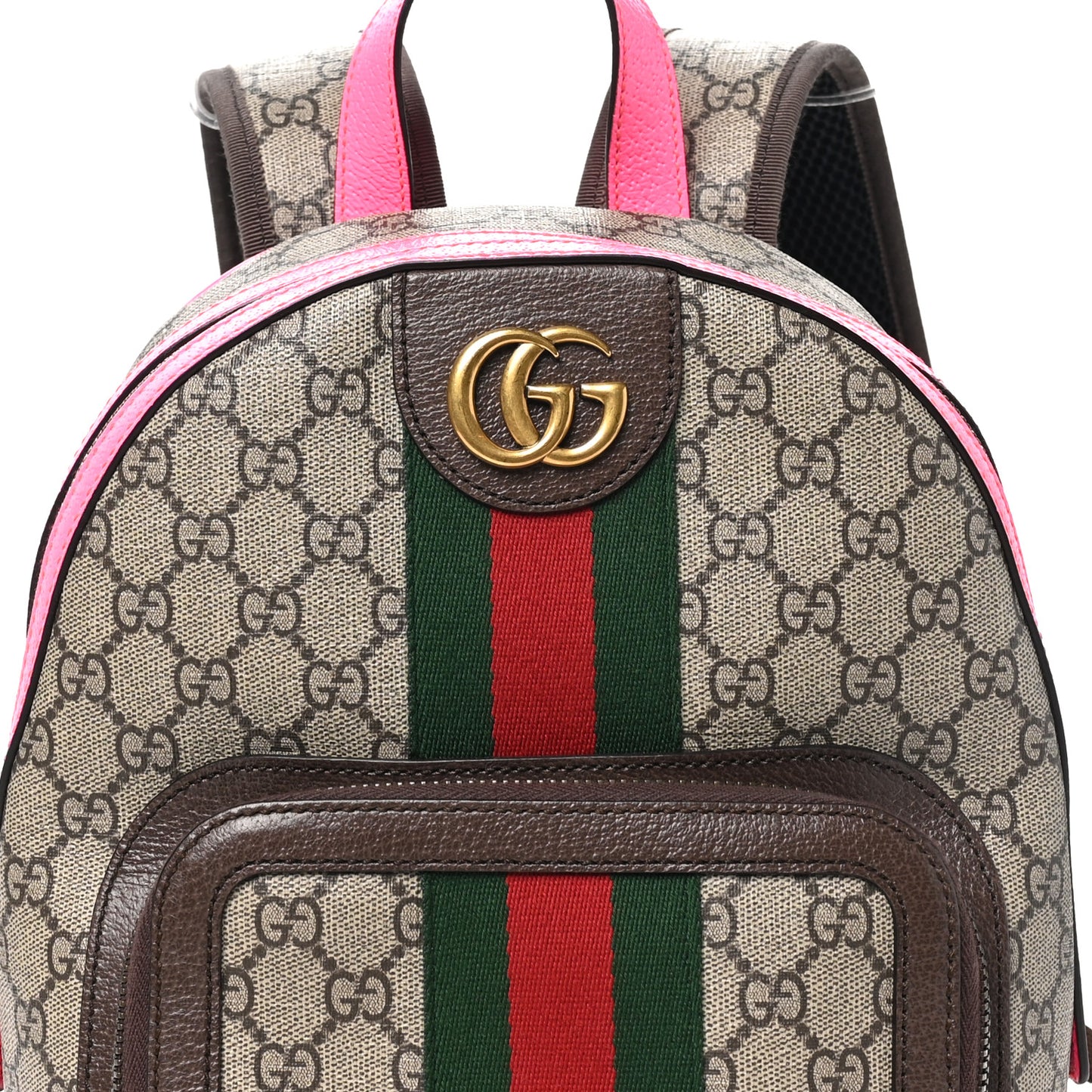 GG Supreme Monogram Textured Dollar Calfskin Web Small Ophidia Day Backpack Beige Ebony Fluorescent Fuchsia