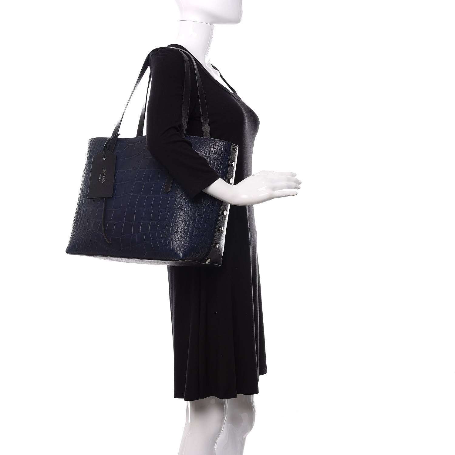 Jimmy Choo Crocodile Embossed Satin Calfskin Twist East West Tote Steel Blue 2 of 13