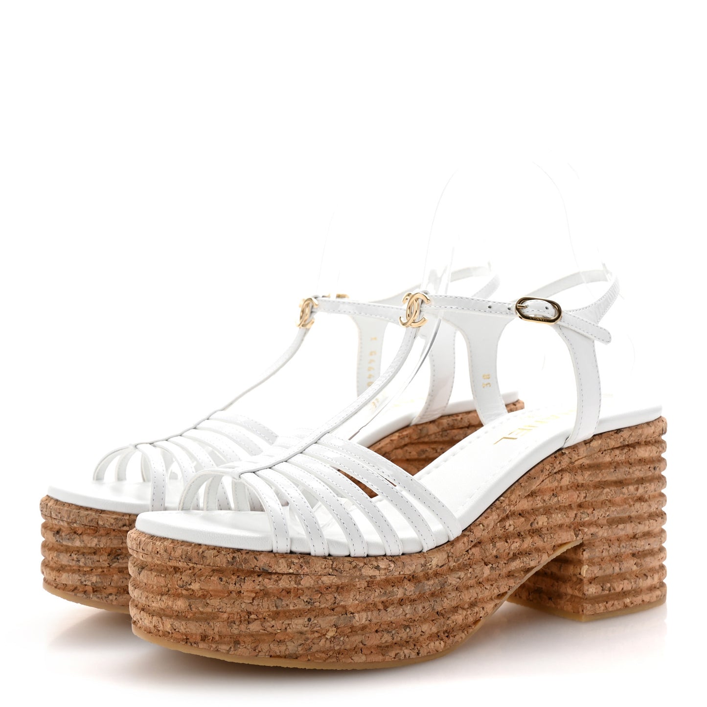 Patent Cork CC Ankle Strap Platform Sandals 38 White