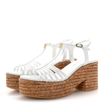 Chanel Patent Cork CC Ankle Strap Platform Sandals 38 White 4 of 10