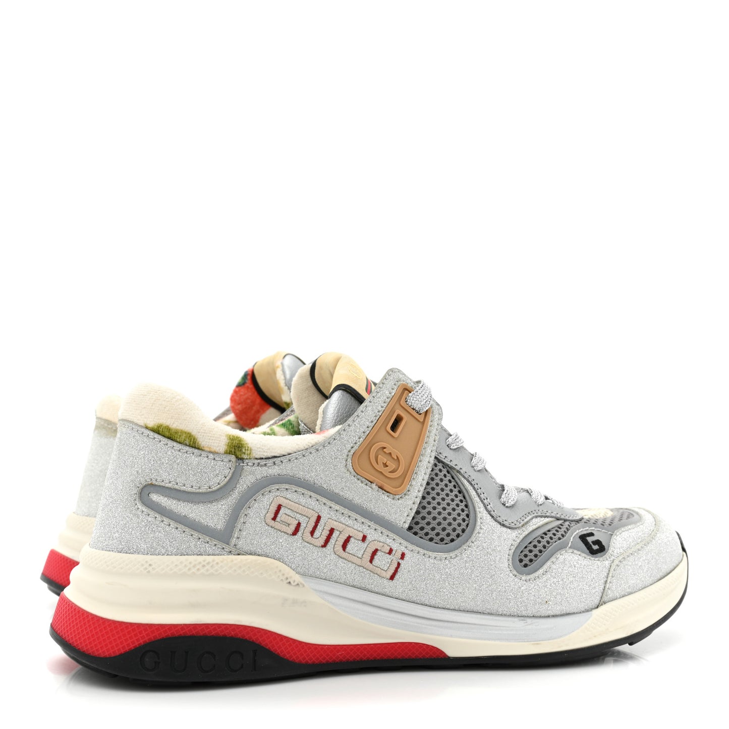 Metallic Calfskin Glitter Mesh Womens Ultrapace Sneakers 38 Silver Light Grey Mystic White
