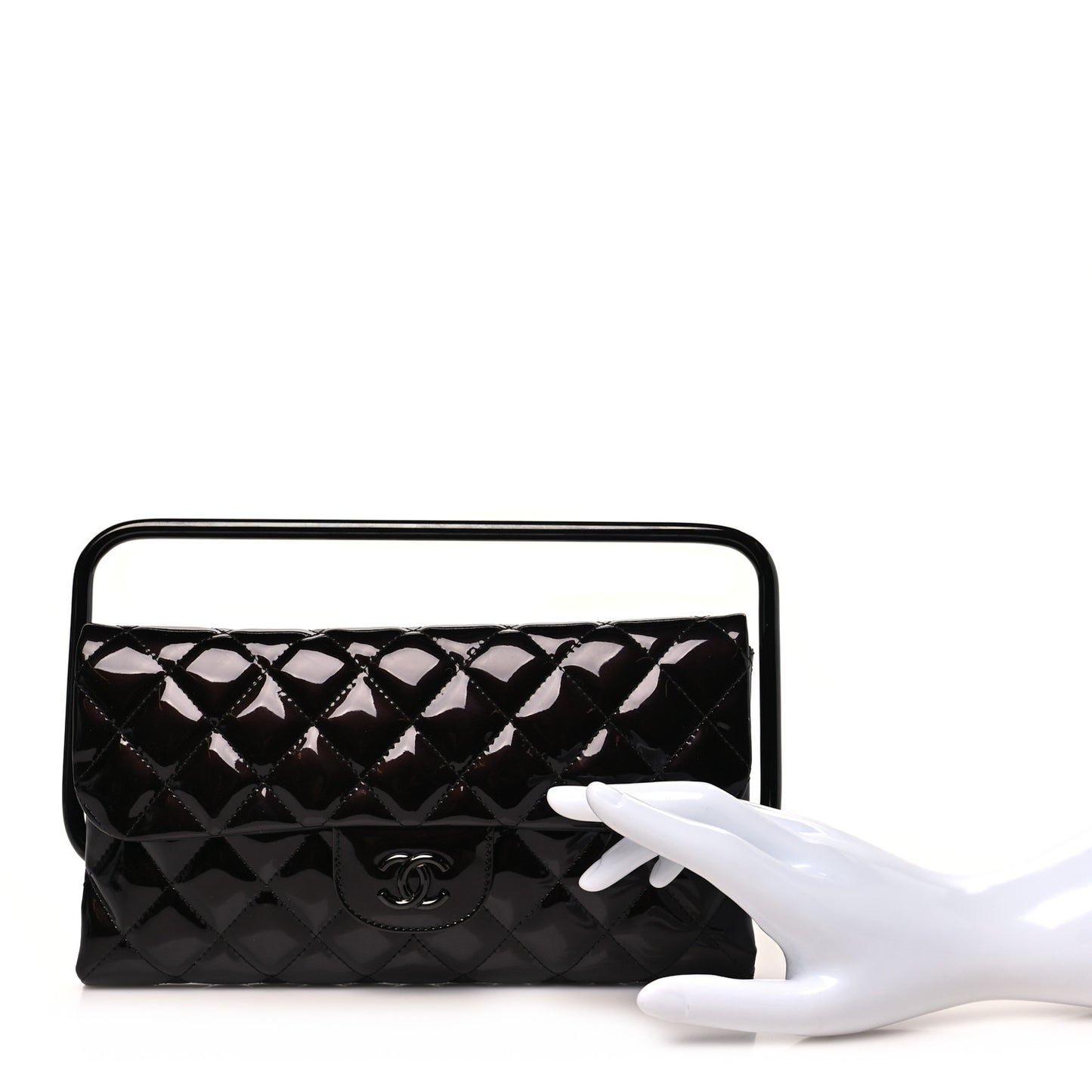 Patent Calfskin Quilted Metal Handle Clutch So Black