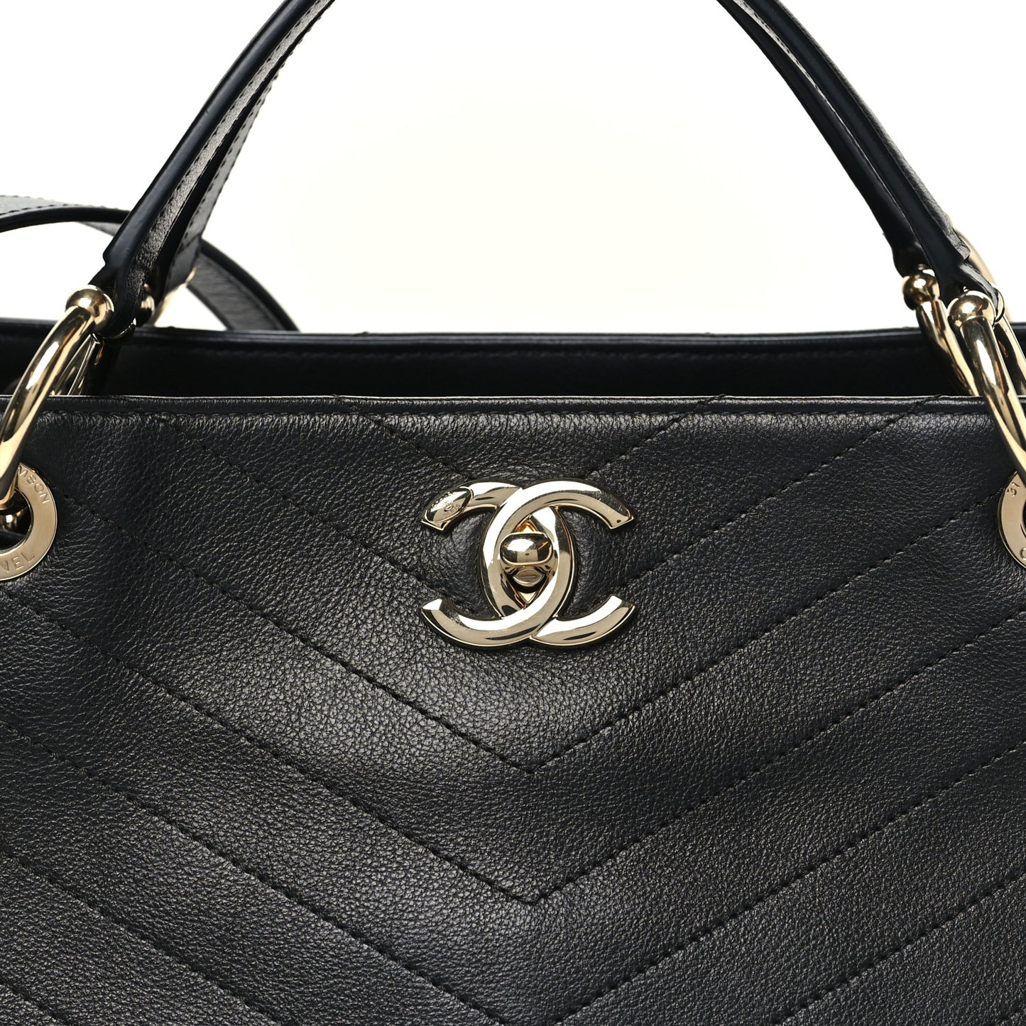 Calfskin Stitched Large Chevron Chic Shopping Bag Black