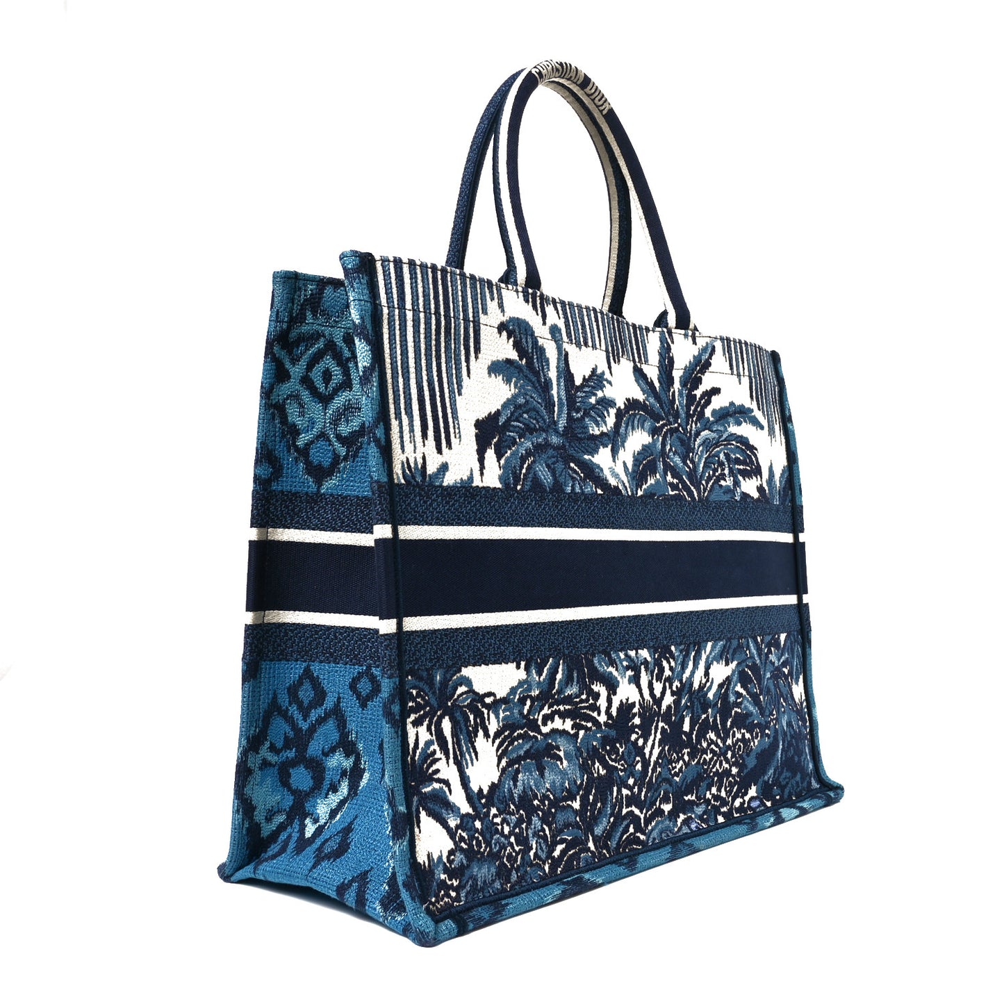 Canvas Embroidered Large Palm Tree Toile De Jouy Book Tote Blue Multicolor