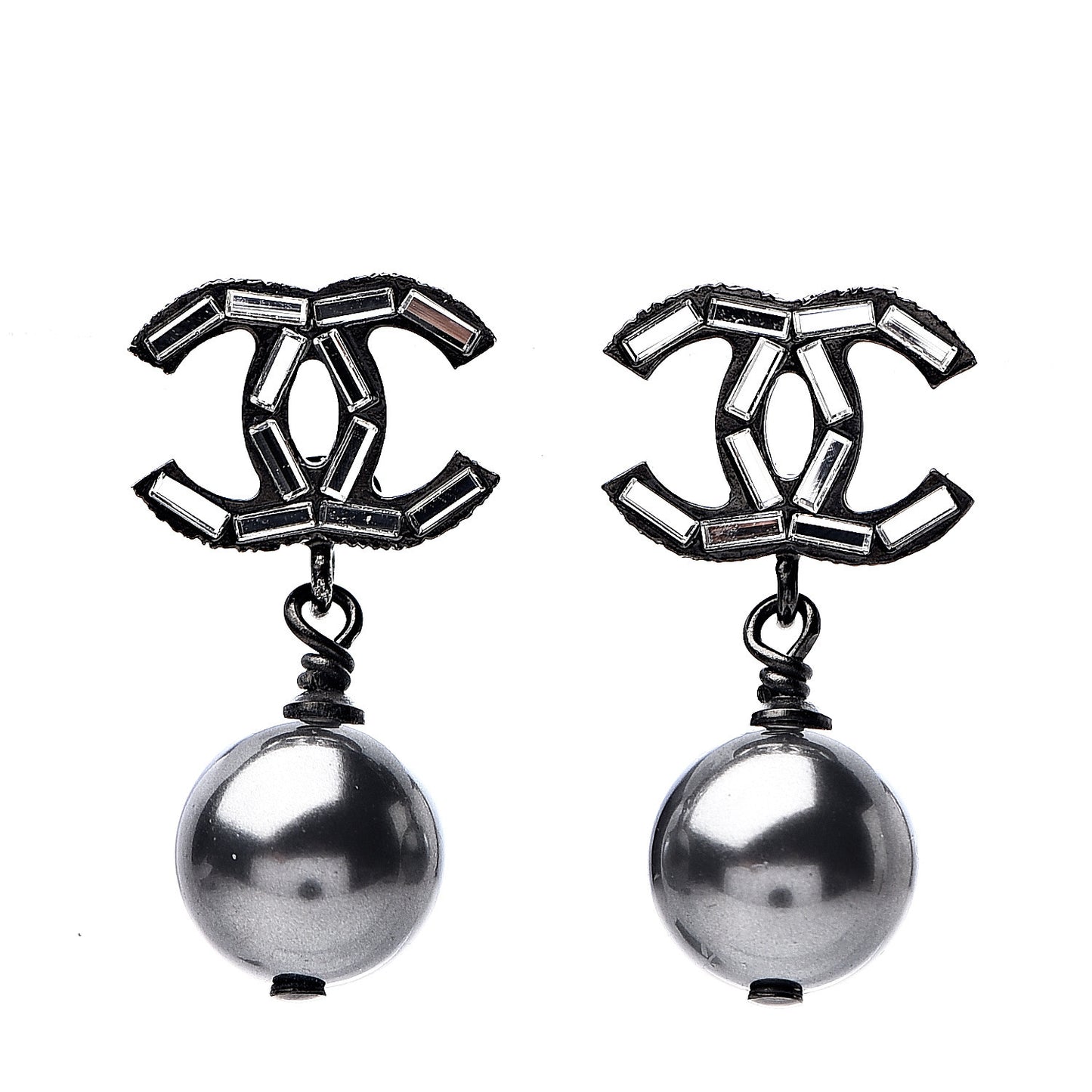 Ruthenium Pearl Crystal Baguette CC Drop Earrings Silver Grey