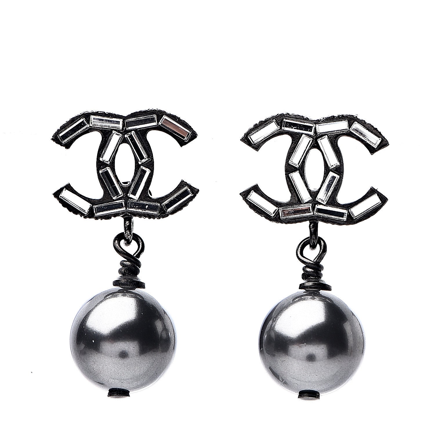 Chanel Ruthenium Pearl Crystal Baguette CC Drop Earrings Silver Grey 1 of 4