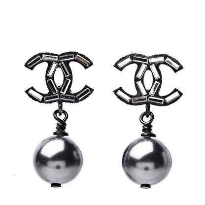 Chanel Ruthenium Pearl Crystal Baguette CC Drop Earrings Silver Grey 1 of 4