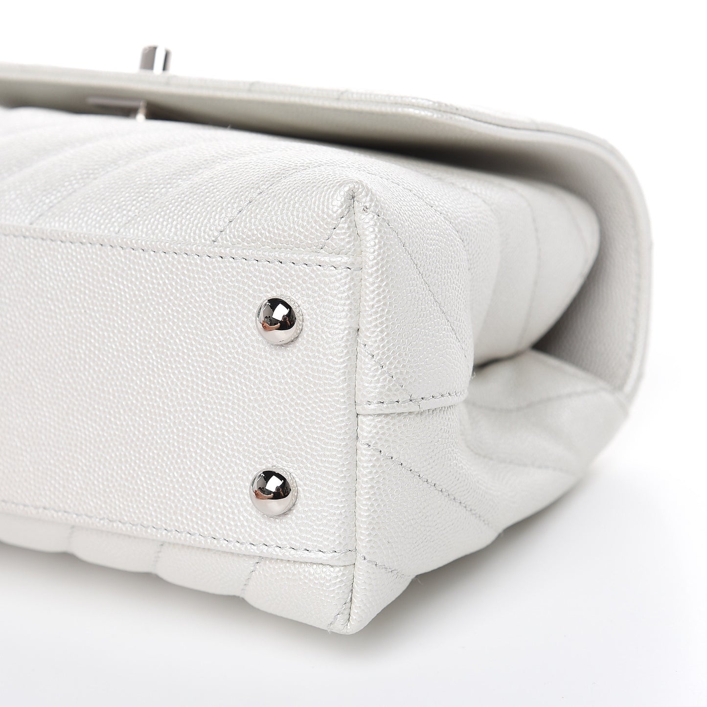 Iridescent Caviar Chevron Quilted Mini Coco Handle Flap White