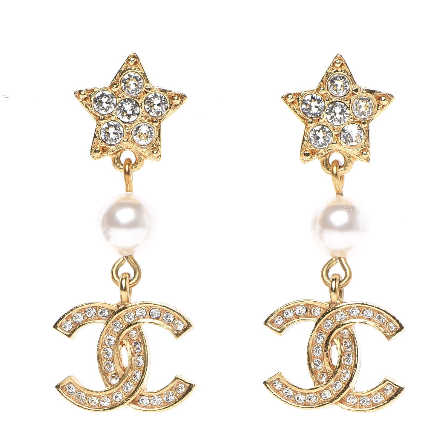 Chanel Crystal Pearl CC Star Drop Earrings Gold 1 of 6