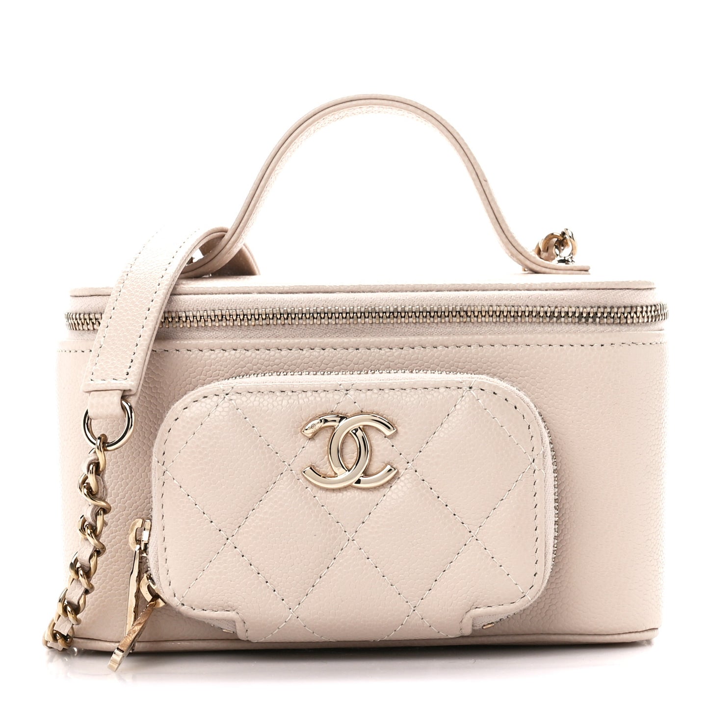Caviar Quilted Top Handle Pocket Vanity Case Beige
