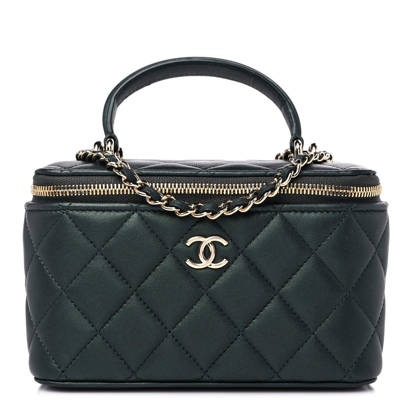 Iridescent Lambskin Quilted Small Top Handle Vanity Case With Chain Dark Green