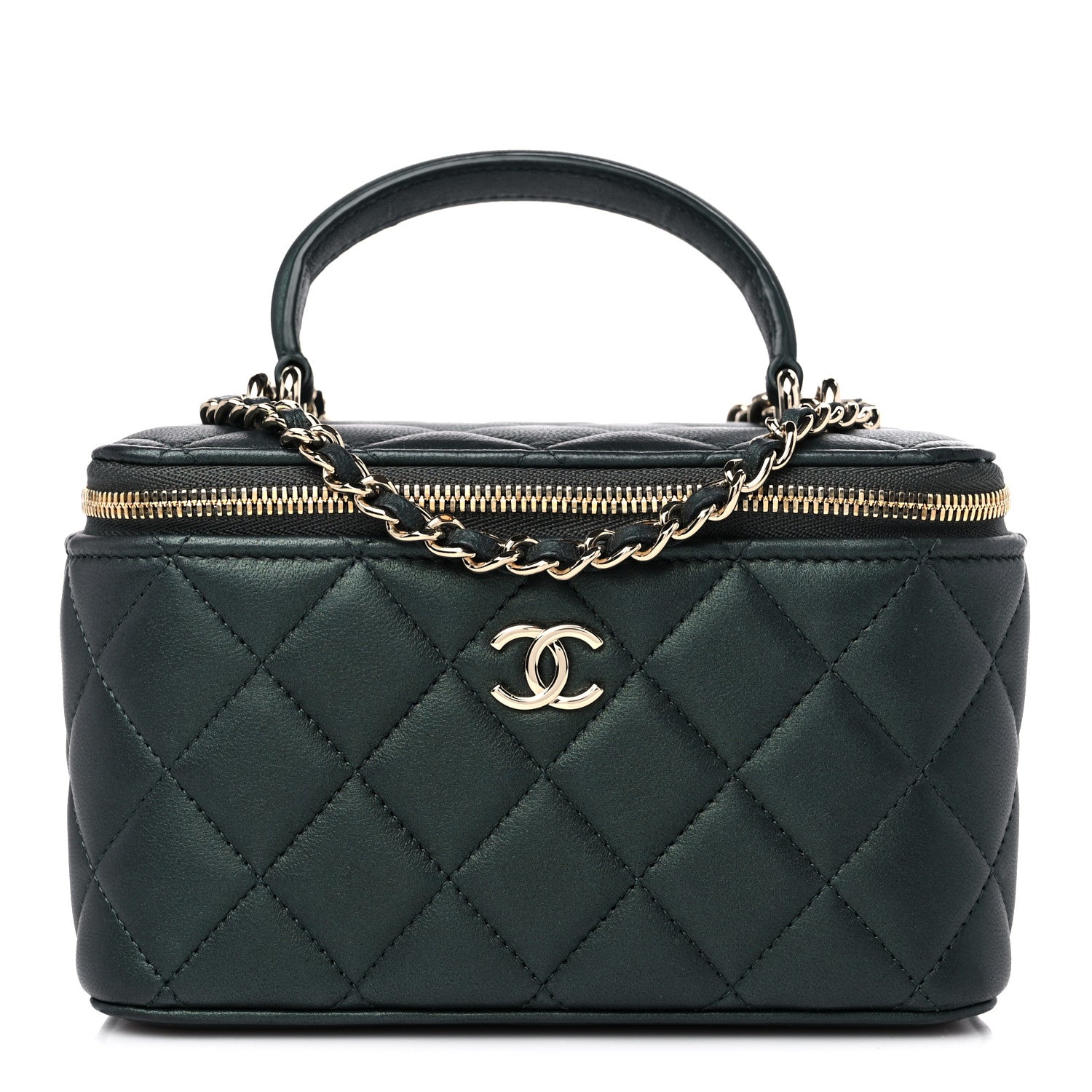 Chanel Iridescent Lambskin Quilted Small Top Handle Vanity Case With Chain Dark Green 1 of 15