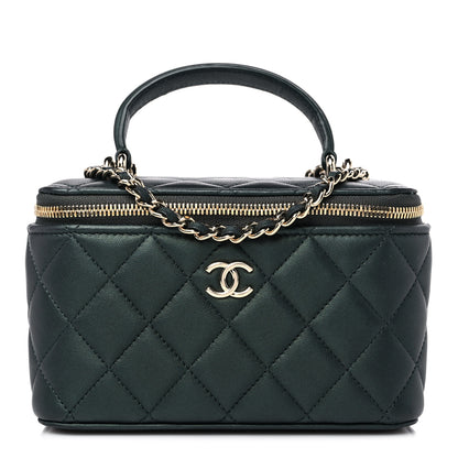Chanel Iridescent Lambskin Quilted Small Top Handle Vanity Case With Chain Dark Green 1 of 15