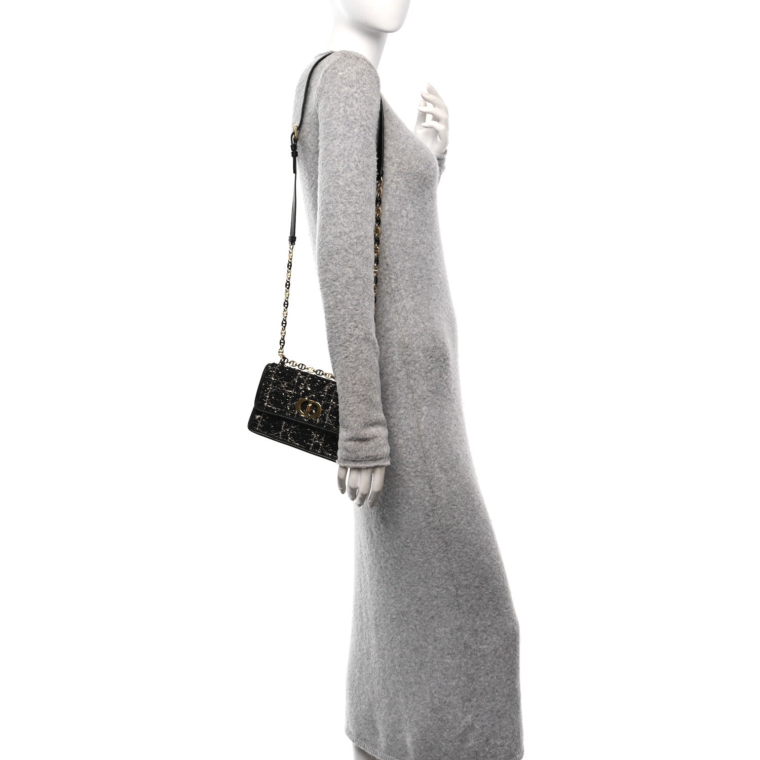 Christian Dior Tweed Macrocannage Mini Miss Caro Bag Black White