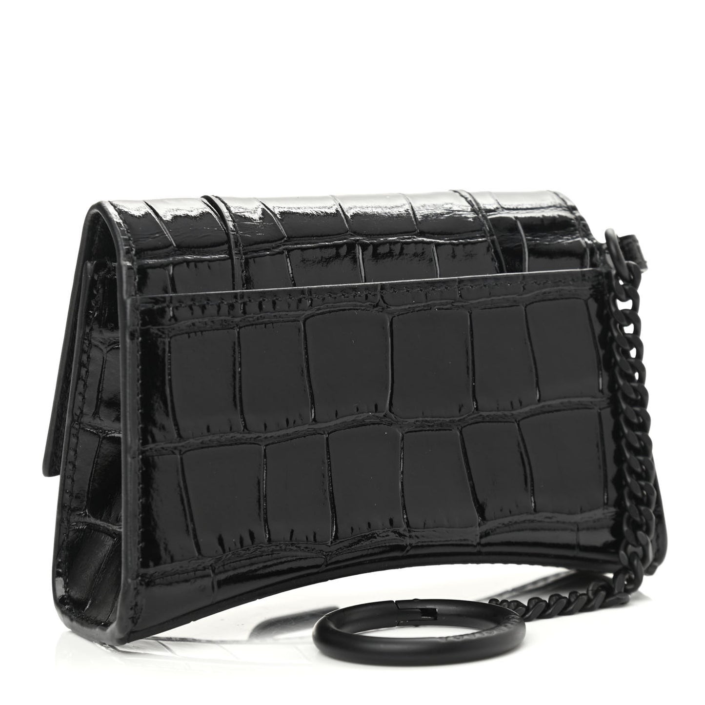 Shiny Calfskin Monochrome Crocodile Embossed Hourglass Chain Cardholder Black