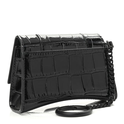 Balenciaga Shiny Calfskin Monochrome Crocodile Embossed Hourglass Chain Cardholder Black 3 of 13