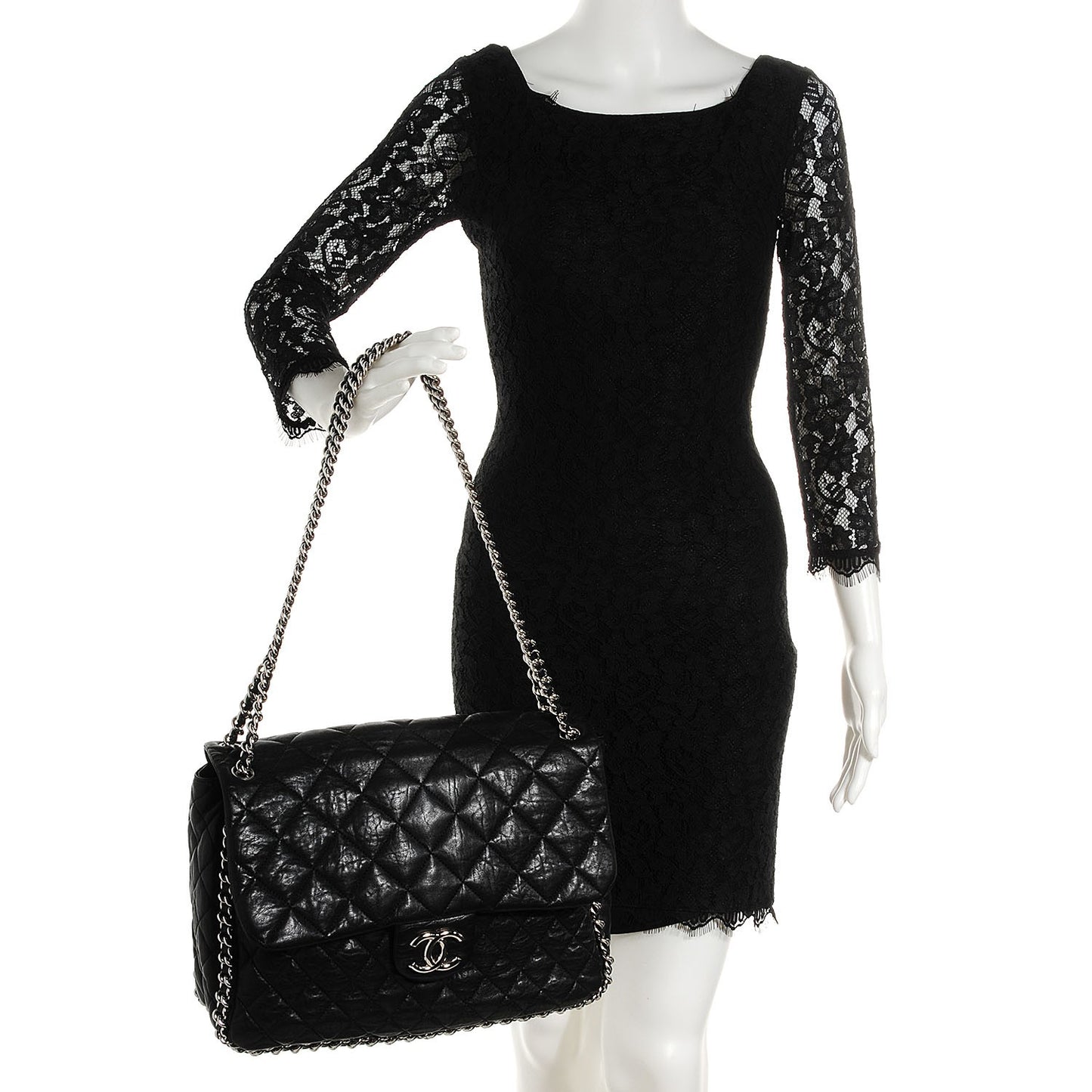 Crumpled Lambskin Chain Around Maxi Flap Bag Black