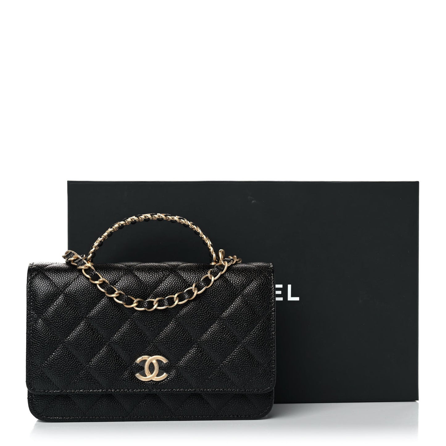 Shiny Caviar Quilted Pick Me Up Wallet On Chain WOC Black