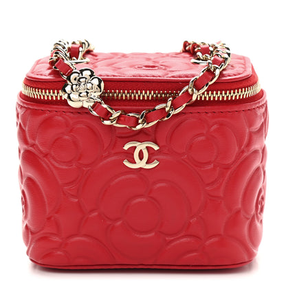 Chanel Lambskin Camellia Embossed Mini Vanity Case With Chain Red 1 of 9
