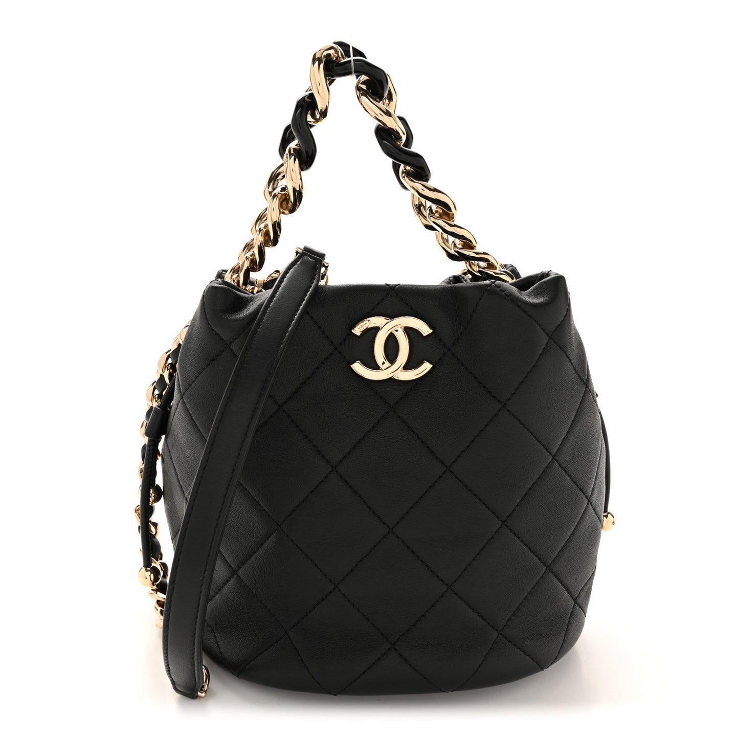 Lambskin Quilted Resin Bi-Color Chain Bucket Bag Black