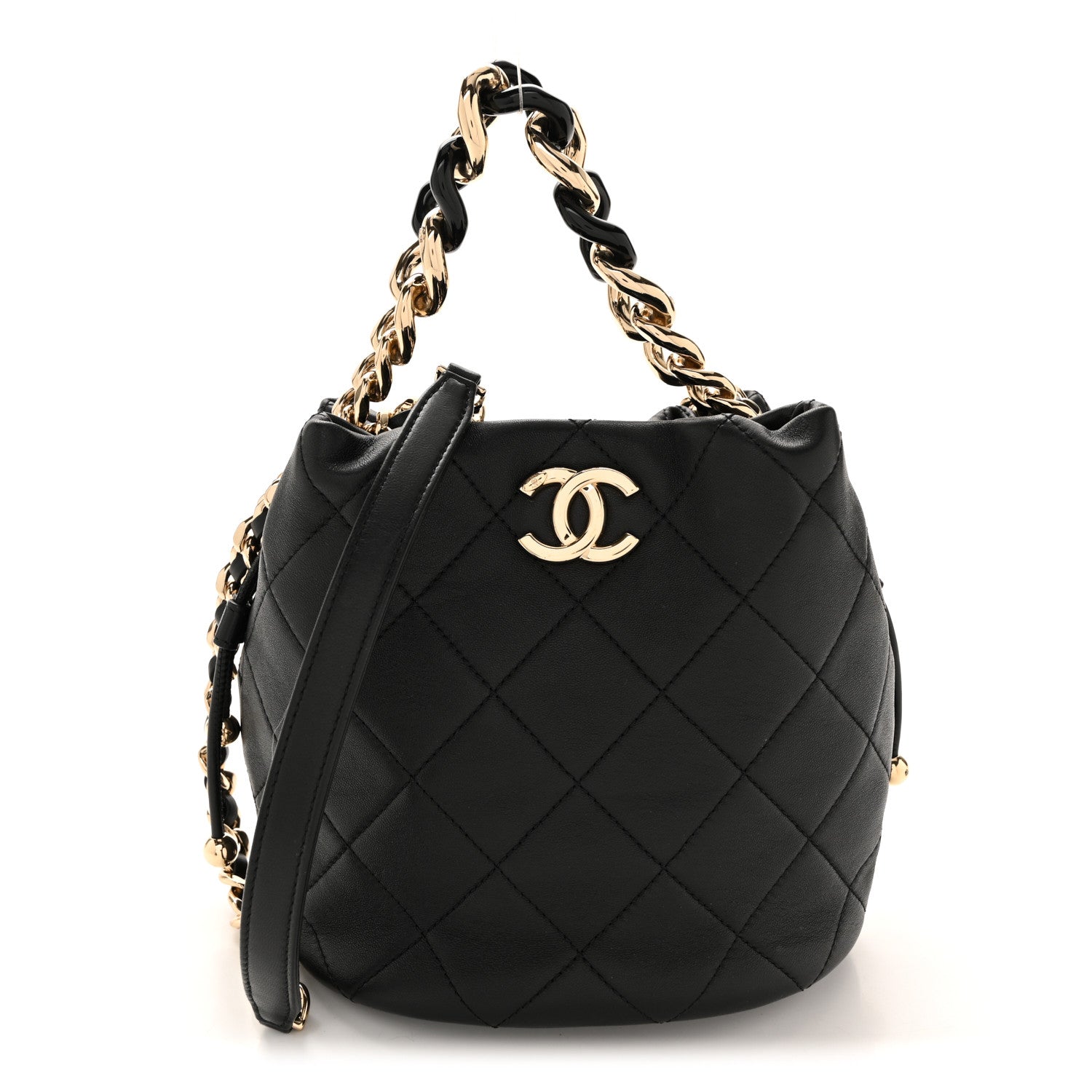 Chanel Lambskin Quilted Resin Bi-Color Chain Bucket Bag Black 1 of 13