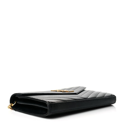 Saint Laurent Grain De Poudre Matelasse Chevron Monogram Chain Wallet Black 3 of 11