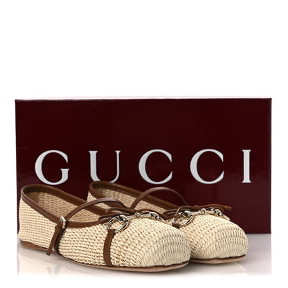 Gucci Raffia Nappa Horsebit Ballerina Flats 38.5 Natural Sundial 11 of 11