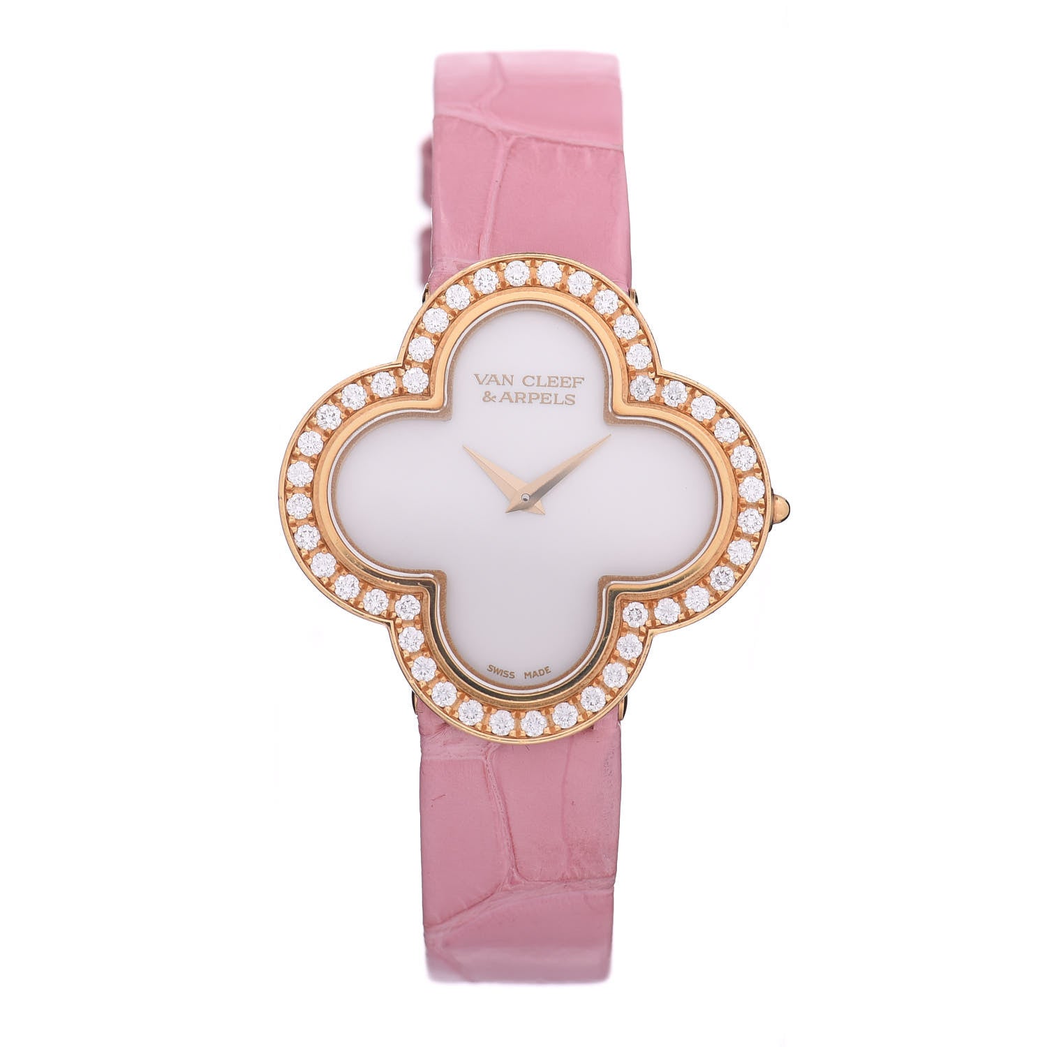 Van Cleef & Arpels 18K Yellow Gold Alligator Diamond Bezel Mother of Pearl 30mm Alhambra Quartz Watch 1 of 5