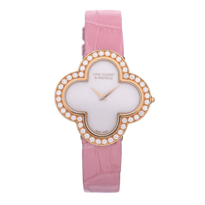 Van Cleef & Arpels 18K Yellow Gold Alligator Diamond Bezel Mother of Pearl 30mm Alhambra Quartz Watch 1 of 5