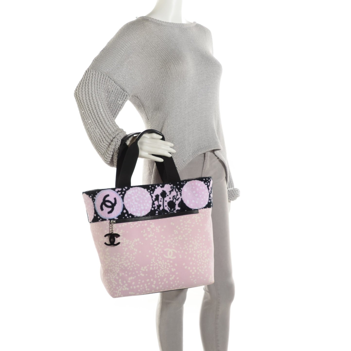 Terry Cotton Canvas Printed Large CC Tote Pink Black