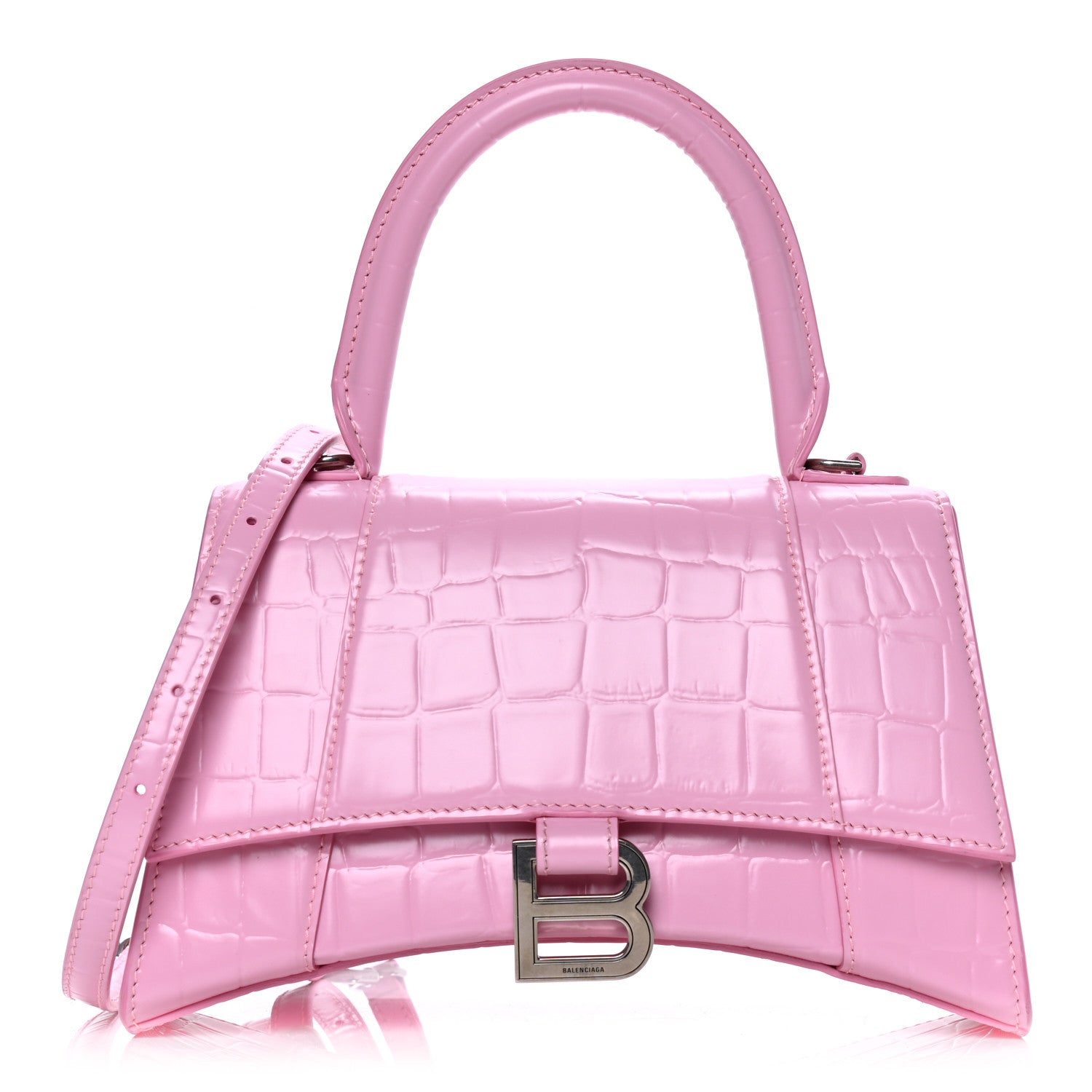 Balenciaga Semi Shiny Calfskin Crocodile Embossed Small Hourglass Top Handle Bag Pink 1 of 9