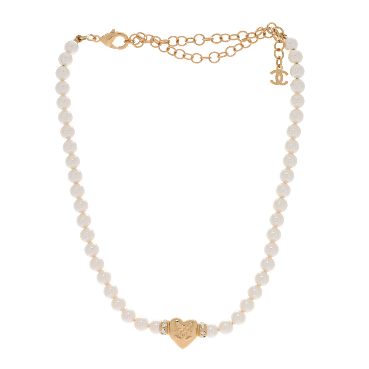 Crystal Pearl CC Heart Choker Necklace Gold